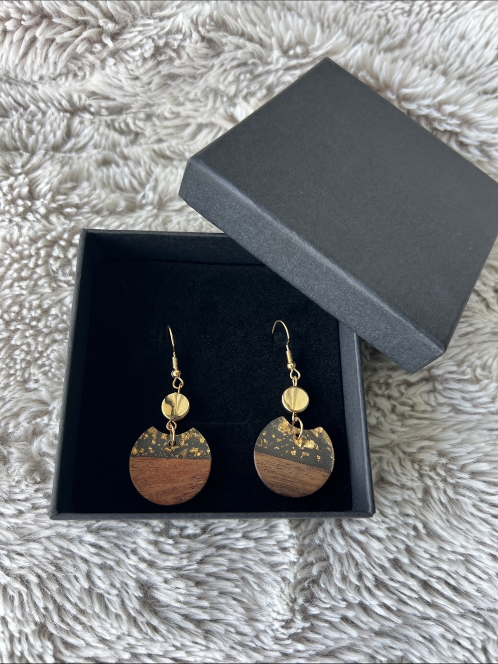 Gold and Brown Wood Drop Earrings